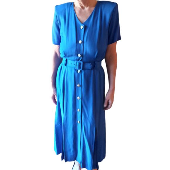 Vntg 80s Studio I Belted Blue Maxi Dress Sz 8 Modest Church Retro Shoulder Pads - Picture 1 of 9